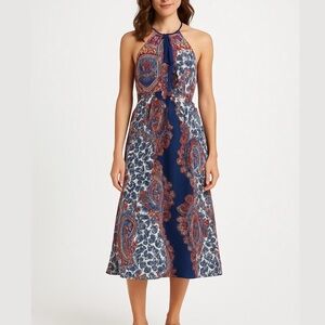 3/$10 Paisley Print Blue Red Halter Midi Dress